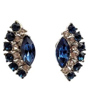 1950s Bogoff Rhinestone Clip Earrings Blue Clear Silver Tone Retro Glam Vintage